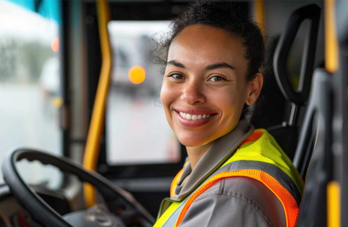 A smiling person wearing a high-visibility vest sits in the driver's seat of a vehicle, Hashimoto thyroiditis, Ace QBank Clinical Edge series.