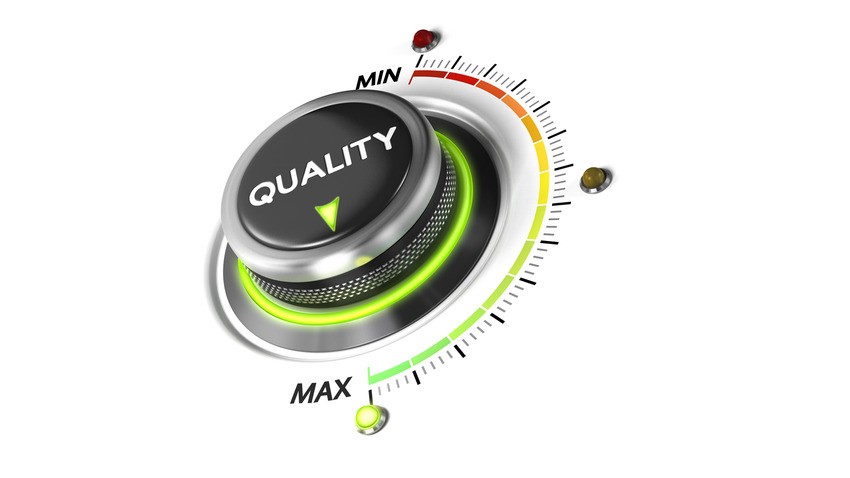 A dial labeled "QUALITY" transitioning from minimum (red) to maximum (green), with the indicator pointing towards the higher end, akin to mastering MCC Objectives and excelling in MCCQE1 using Ace QBank.