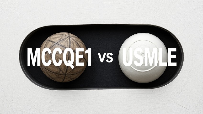 An image with text "MCCQE1 vs USMLE" over a black background, featuring a brown sphere and a white sphere on either side of the text—perfect for those deep into their MCCQE1 exam preparation using MCCQE1 Qbank.