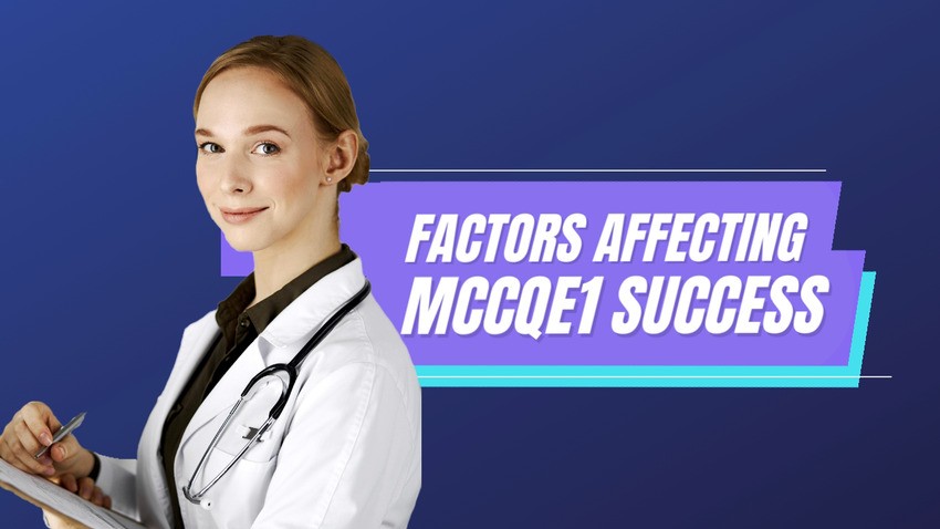 A healthcare professional holding a clipboard stands next to the text "Factors Affecting MCCQE1 Success" on a blue background, highlighting strategies to improve your Canadian Medical Licensing Exam pass rate with Ace QBank.