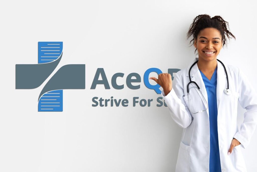 A female doctor in a white coat smiles while pointing to a logo on the wall that reads "Ace QBank" with the tagline “Strive For Success.” It represents resources like MCCQE1 Qbank provided by Ace QBank.