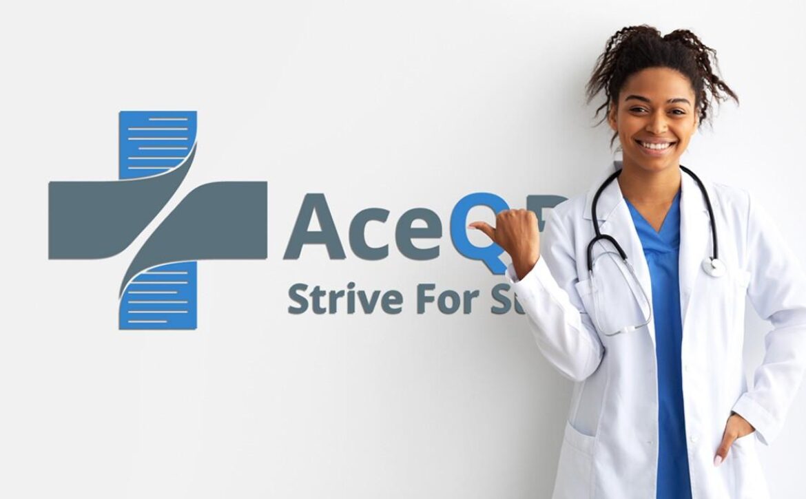 A female doctor in a white coat smiles while pointing to a logo on the wall that reads "Ace QBank" with the tagline “Strive For Success.” It represents resources like MCCQE1 Qbank provided by Ace QBank.