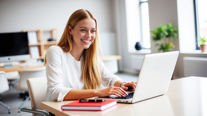 A woman with long blonde hair sits at a desk, focused on her MCCQE1 exam preparation using Ace QBank. The background includes a window, plants, and office furniture.