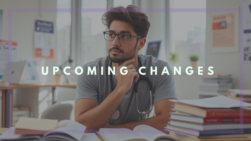 A person with glasses, resting their chin on their hand, sits at a desk with stacked books around them, clearly immersed in MCCQE1 exam preparation. The text "Upcoming Changes" overlays the image.