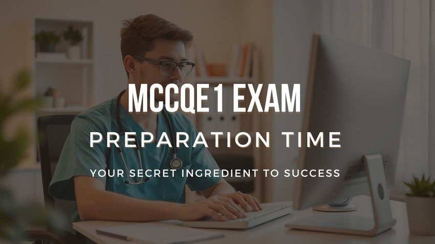 A medical student, wearing a stethoscope, studies at a computer with text overlay that reads, "MCCQE 1 Exam Preparation Time - Ace QBank Your Secret Ingredient to Success with MCCQE1.