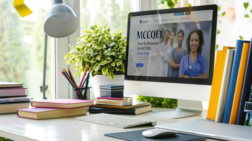 A computer screen displays a website for MCCQE1 exam preparation, featuring Ace QBank. The workspace includes stacked books, notebooks, a keyboard with natural light coming through a window.