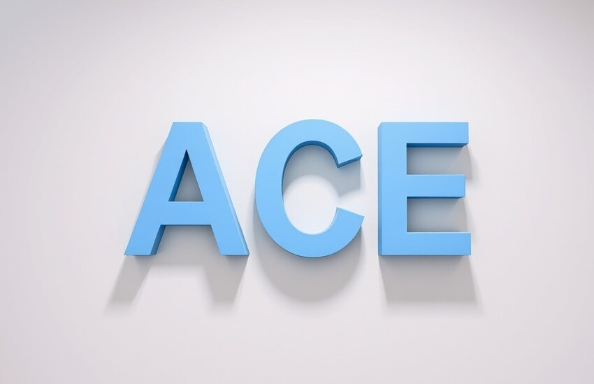 ACE" spelled in large, light blue 3D letters against a plain white background, symbolizing top performance and readiness in MCCQE1 exam preparation.