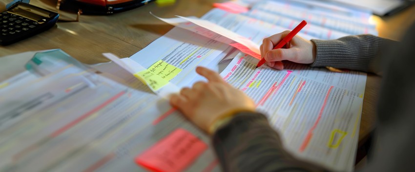 Person meticulously annotating papers with a red pen and sticky notes on a desk cluttered with documents, all part of her MCCQE1 exam preparation using Ace QBank.