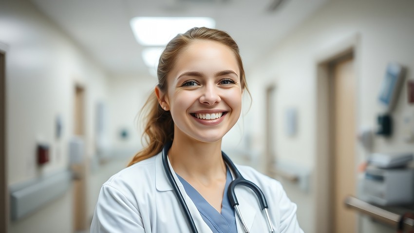 A smiling healthcare professional with a stethoscope stands in a well-lit hallway, dressed in a white coat over blue scrubs, embodying the MCC Objectives crucial for MCCQE1 exam preparation.