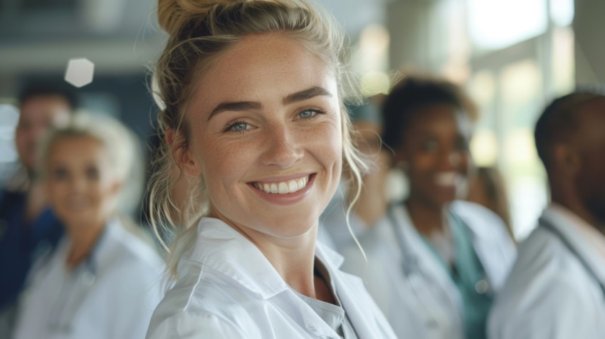 A smiling woman in a white coat stands with a group of others, also in white coats, suggesting a professional setting focused on MCCQE1 exam preparation using Ace QBank.