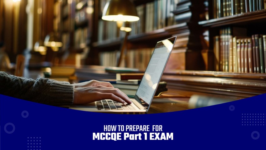 In a quiet library, a person diligently types on their laptop, with focus and determination. Text overlay reads: "How to Prepare for MCCQE Part 1 Exam with Ace QBank.