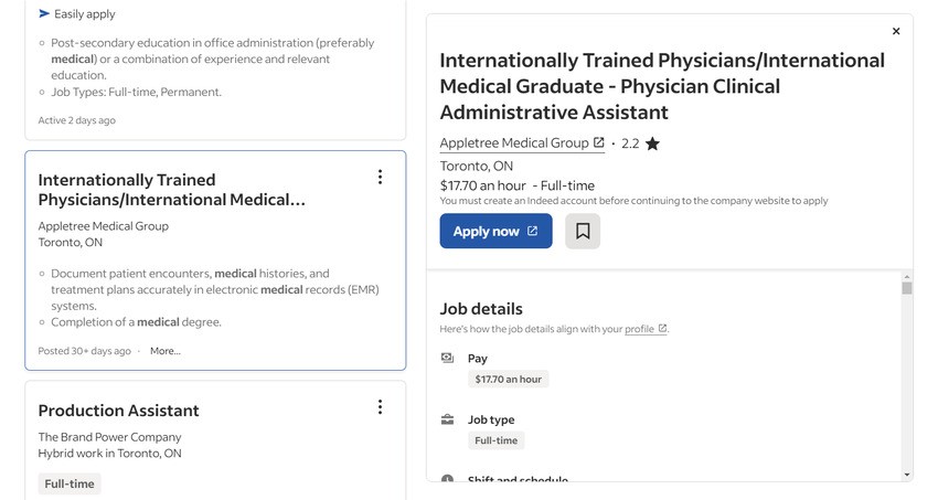 Discover diverse job listings, from telemedicine roles to a medical administrative assistant in Toronto. The website interface provides vital details, perfect for professionals aiming to ace challenges akin to MCCQE1 scenarios.