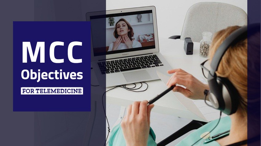 A healthcare professional, preparing for the MCCQE1 exam with Ace QBank, wears a headset during a telemedicine session on a laptop. The screen shows a patient, while text on the side reads "MCC Objectives for Telemedicine," hinting that these are not specifically for MCCQE1.