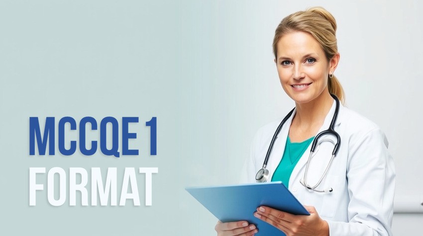 A doctor in a white coat and stethoscope holds a blue folder next to the text "MCCQE 1 Format" on a light background, showcasing tools like Ace QBank to excel in MCCQE1 preparation.