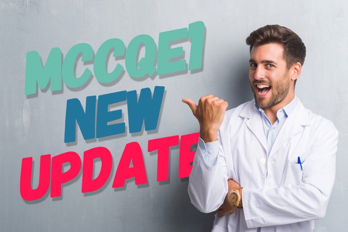 A smiling man in a lab coat points to bold text reading "MCCQE1 NEW UPDATE" on a gray background, reflecting the latest insights from Ace QBank.