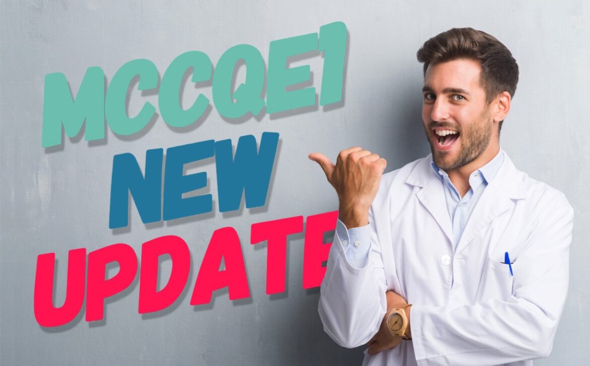 A smiling man in a lab coat points to bold text reading "MCCQE1 NEW UPDATE" on a gray background, reflecting the latest insights from Ace QBank.