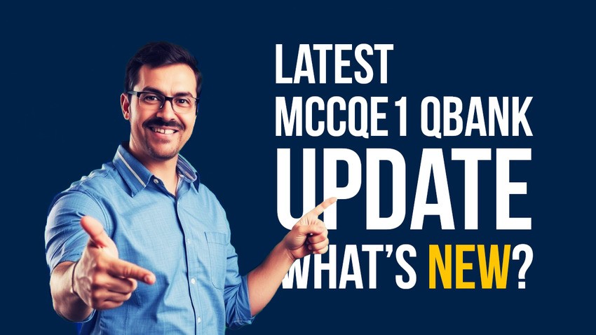 Man pointing while smiling, next to text reading, "Latest Ace QBank Update: What's New with MCCQE1?" on a dark blue background.