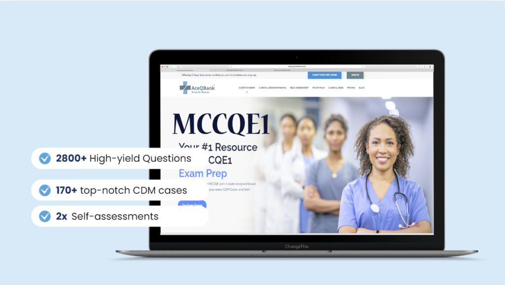 A laptop displays an Ace QBank medical exam prep website with a focus on MCCQE1 for those aiming to master the MCCQE1 exam in blog title MCC Objective Not for MCCQE1 But Telemedicine.