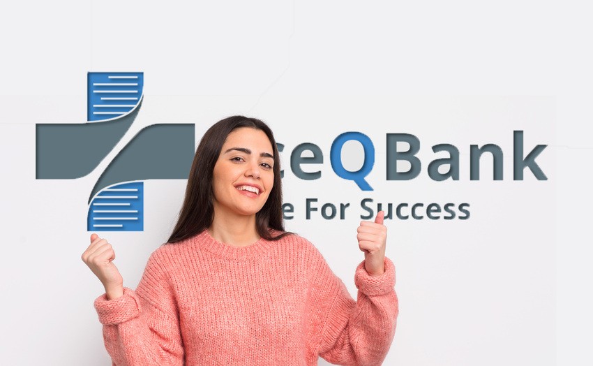 A woman in a pink sweater stands smiling with raised thumbs in front of a " Ace QBank" logo, highlighting the text "Strive For Success" alongside overlapping blue and white pages. She seems ready to ace the MCCQE1 with focused tips on studying distraction-free.