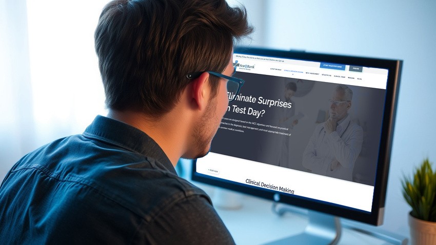 A person wearing glasses sits at a computer, viewing a website titled "Ace QBank Update for MCCQE1" to eliminate surprises on test day.