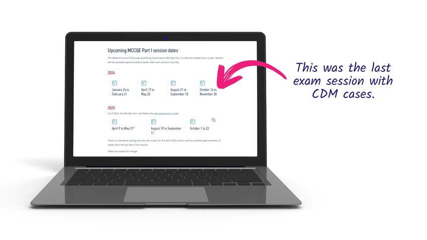 A laptop screen showcases the MCCQE1 exam session dates, with an arrow highlighting October 13 to November 23 as the final session featuring CDM cases. Ace QBank ensures your MCCQE1 exam preparation is comprehensive and effective for success.