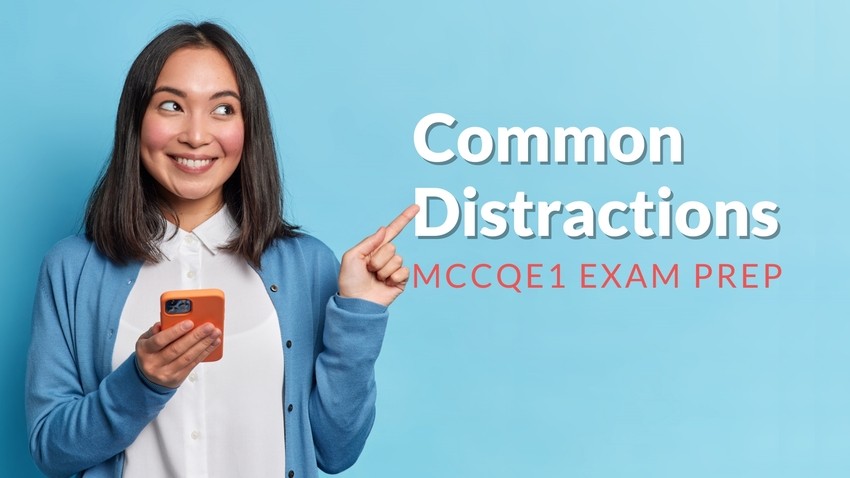 A person holding phone points to the text, "How to Study for MCCQE1 Distraction-Free?" against a blue background. Using Ace QBank can streamline your MCCQE1 exam prep, minimizing common distractions for better focus and success.