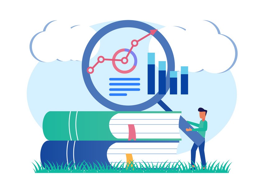 A person examines a large book with a magnifying glass, revealing graphs and charts from Ace QBank's self-assessment tools, set against a background of clouds.