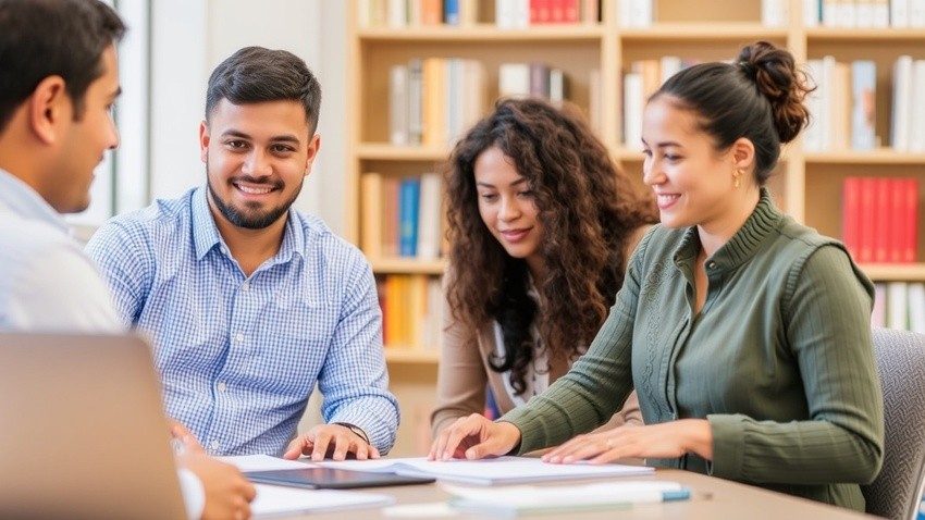 Four people are sitting at a table in the library, intensely discussing their strategies for acing the MCCQE1 as they review materials. Bookshelves filled with resources, including the latest Ace QBank update for MCCQE1 preparation, can be seen in the background.