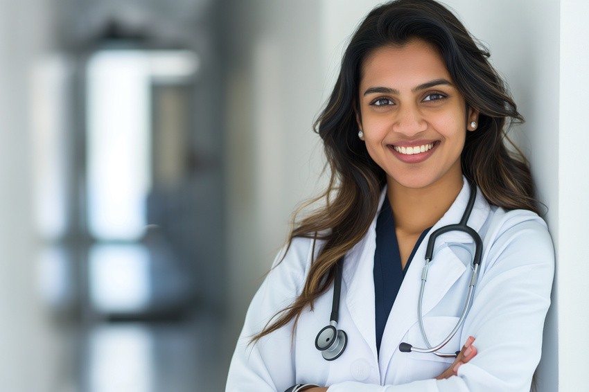 A smiling doctor with long hair and a stethoscope stands in a hallway, wearing a white coat, ready to guide you through your MCCQE1 exam preparation journey with Ace QBank.