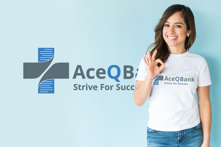 A woman in a white 'AceQBank' shirt makes an OK gesture. She stands beside a large 'AceQBank' logo with the slogan "Strive For Success" on a light blue wall, confident in the new MCCQE1 format and ready for MCCQE1 exam preparation.