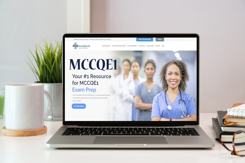 A laptop on a desk showcases a website for MCCQE1 exam preparation using Ace QBank, featuring a group of diverse healthcare professionals and study-related items nearby.