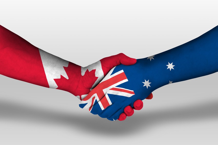 Two hands shaking, one painted with the Canadian flag and the other with the Australian flag, symbolizing cooperation between Canada and Australia. This partnership is as strategic as mastering the AMC MCQ Exam or using Ace QBank to tackle the MCCQE1.