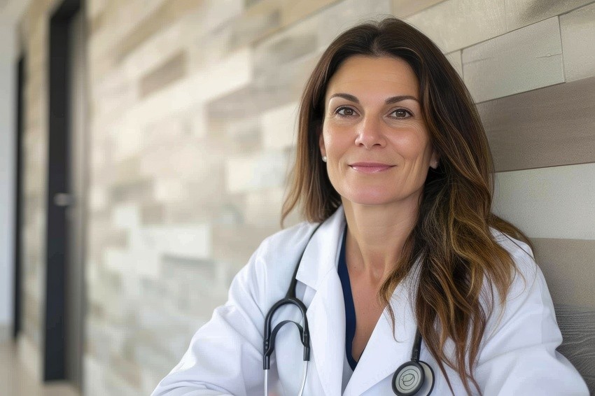 A woman in a white coat with a stethoscope around her neck stands in a hallway with a neutral expression, perhaps reflecting on her recent success in mastering the AMC MCQ Exam.