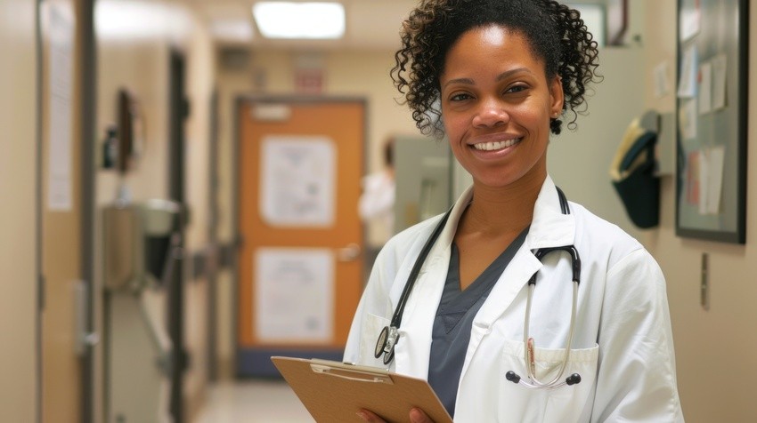 A doctor with a stethoscope and clipboard stands smiling in a hallway, ready to guide you on your journey to mastering the AMC MCQ Exam.