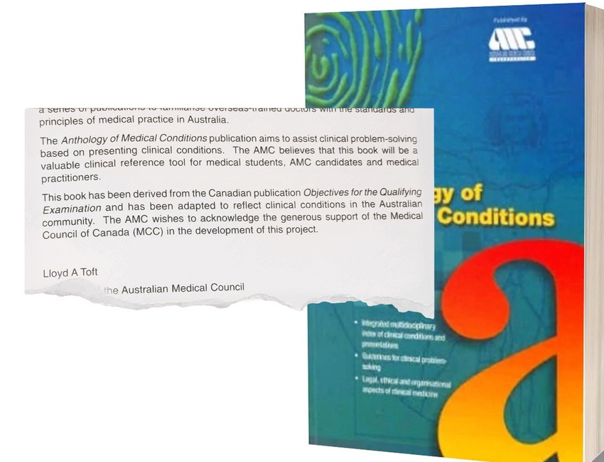 Cover of a medical book titled "Anthology of Medical Conditions," featuring text about its alignment with Canadian medical standards. Published by the Australian Medical Council.