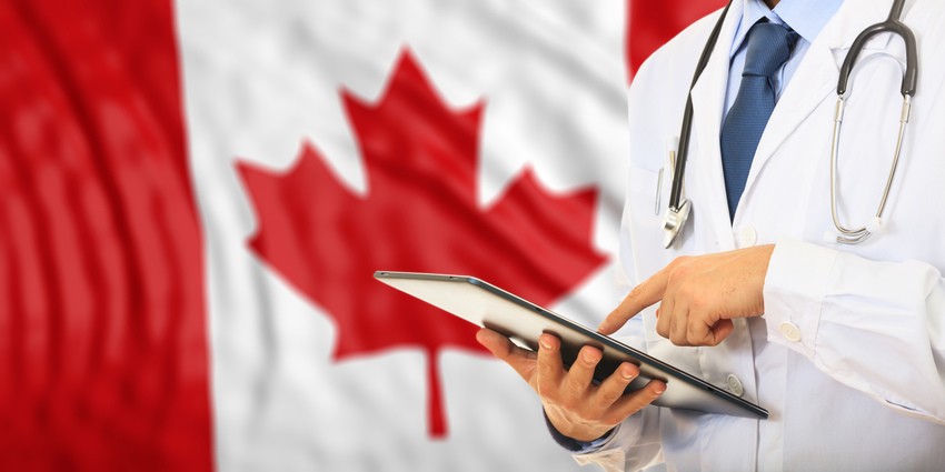 A doctor in a white coat consults a tablet loaded with Ace QBank's question bank, standing confidently in front of a Canadian flag, seamlessly blending expertise as part of their MCCQE1 exam preparation.