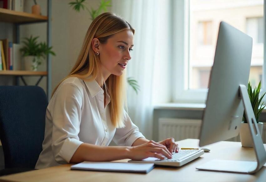 A woman in a white shirt is sitting at a desk, diligently typing on her computer keyboard for Ace QBank prep. The window and indoor plants in the background create a calming atmosphere as she focuses on mastering the AMC MCQ Exam.