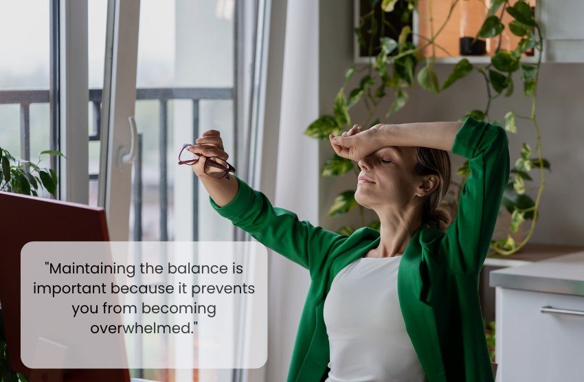 A woman in a green blazer sits at a desk, holding her glasses and touching her forehead, contemplating the changes to the MCCQE Part I in 2025. A quote about balance and avoiding overwhelm is displayed on the left side. Plants are in the background.