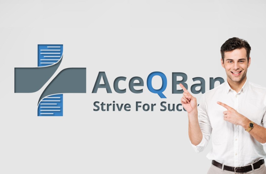 A man in a white shirt points at the Ace QBank logo, with its stylized cross design and the slogan "Strive For Success," symbolizing its dedication to MCCQE1 exam preparation and mastery of MCC objectives.