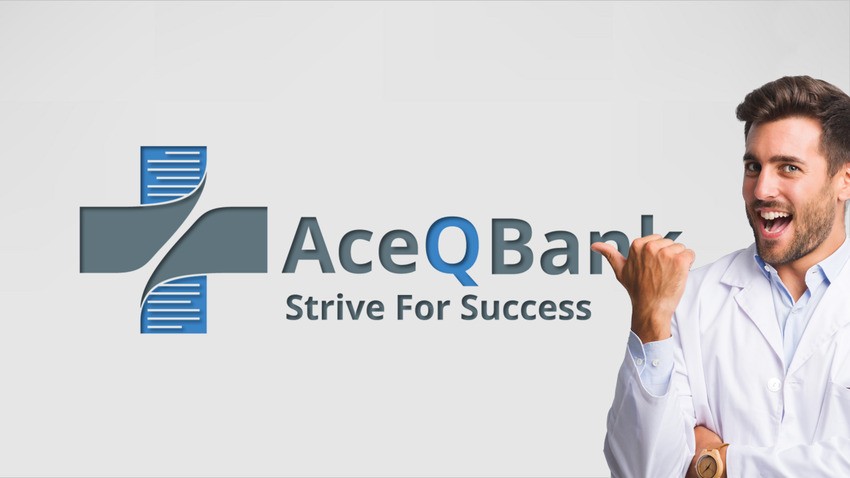 A man in a white coat smiles confidently, pointing at the "AceQBank" logo with the slogan "Strive For Success," highlighting its essential role in MCCQE1 exam preparation.