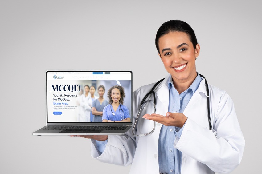 A doctor in a white coat and stethoscope beams with enthusiasm, holding an open laptop showcasing Ace QBank, a premier website for MCCQE1 exam preparation.