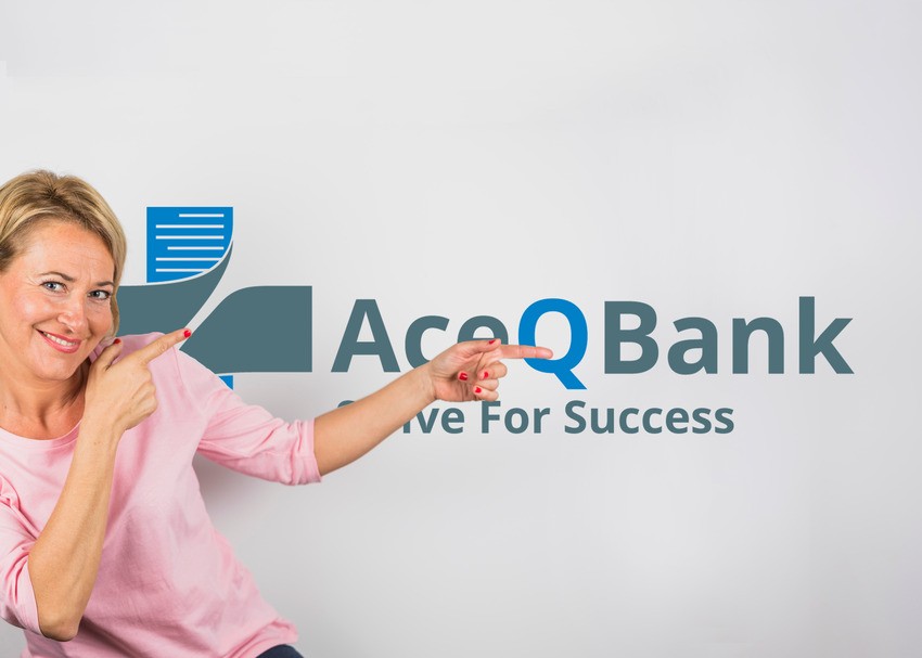 A woman in a pink shirt smiles while pointing at the Ace QBank logo with the slogan "Strive For Success" highlighting its robust question bank designed for MCCQE1 and AMC Exam preparation against a white background.