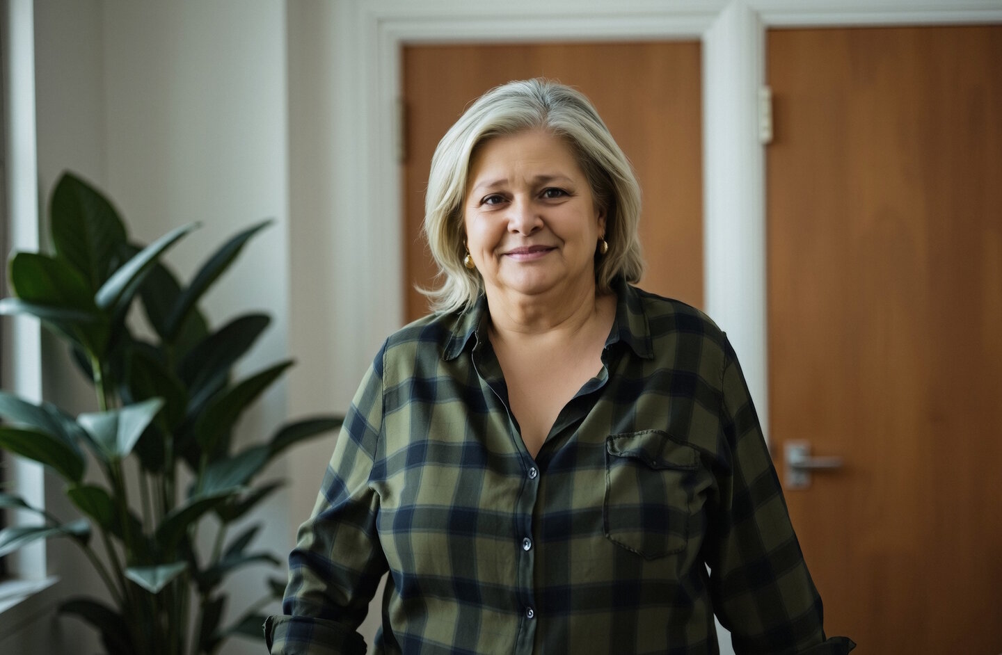 A woman with gray hair in a green checkered shirt smiles while standing indoors near a potted plant. Ace QBank Clinical edge, ovarian epithelial carcinoma.