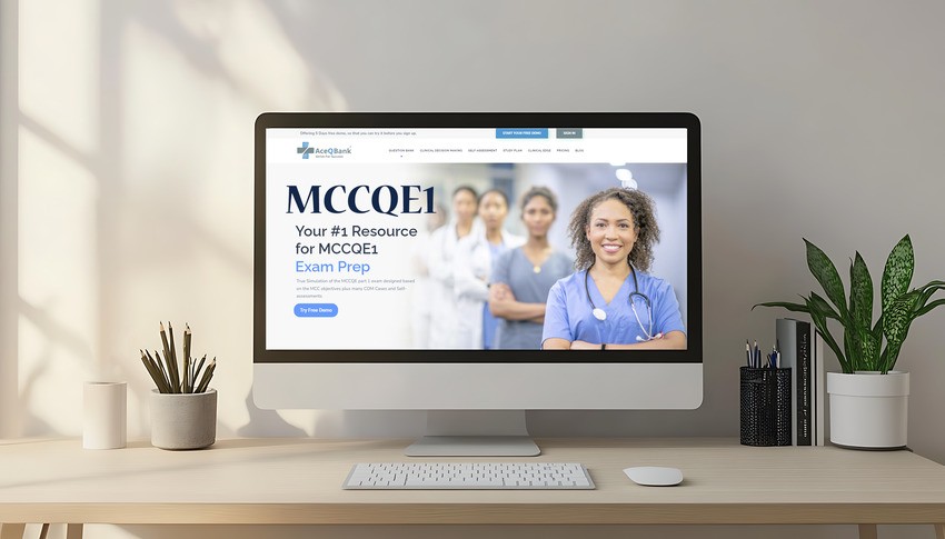 A computer monitor shows a website for MCCQE1 exam preparation, enhanced by insights from Ace QBank. The site features a group of healthcare professionals sharing effective study techniques, offering invaluable resources for mastering both the MCCQE1 and AMC exams.