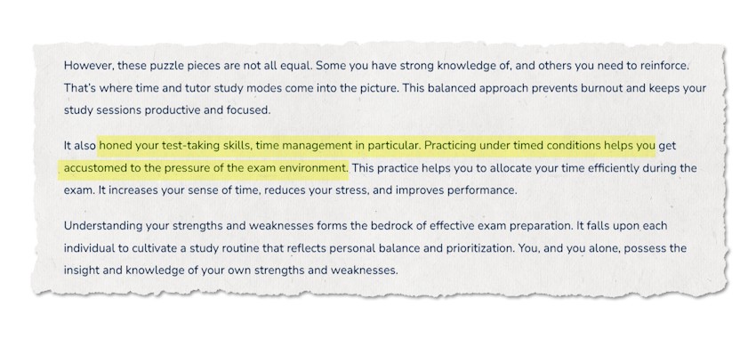 Highlighted text on a torn paper emphasizes the benefits of honing time management. With a focus on MCCQE1 exam preparation, practicing under timed conditions helps manage exam pressure. Visit the Ace QBank blog for MCCQE1 tips and strategies to excel.