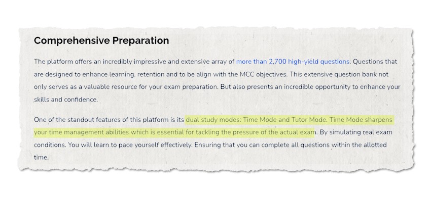 Document snippet highlighting features of a study platform. Emphasizes dual study modes: Time Mode and Tutor Mode, tailored for MCCQE1 exam preparation to improve time management skills for exam success. Discover tips on the Ace QBank blog for MCCQE1 and practice with the best Canadian questions.