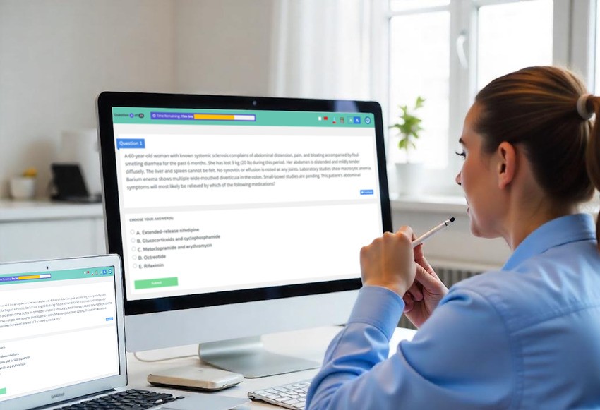 A person at a desk focuses on their computer screen, engrossed in the Ace QBank for MCCQE1 exam preparation. A laptop, showcasing the best Canadian question bank for MCCQE1, sits nearby, creating an atmosphere of intense study and dedication.