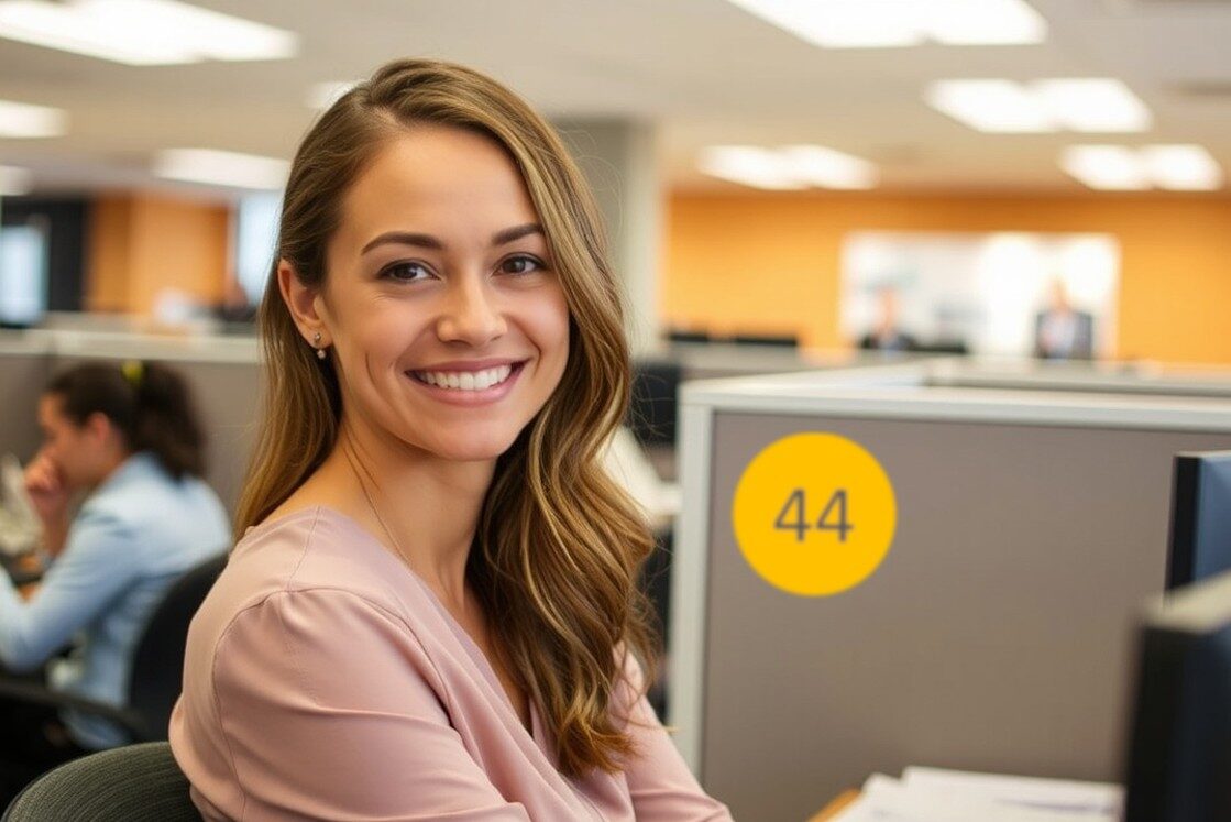 A woman with long hair smiles in an exam centre, her focus sharp from using the best Canadian question bank for MCCQE1 exam preparation. A yellow circle with the number 44 glows on the wall behind her.