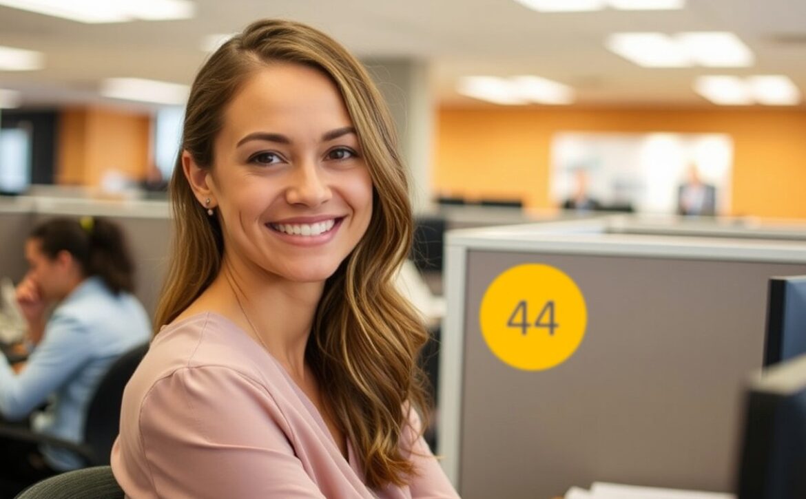 A woman with long hair smiles in an exam centre, her focus sharp from using the best Canadian question bank for MCCQE1 exam preparation. A yellow circle with the number 44 glows on the wall behind her.