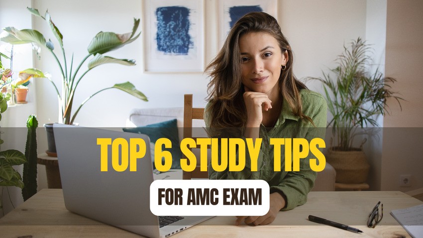 A person sits at a desk, surrounded by plants and a laptop. Text reads: "Top 6 Effective Study Techniques for AMC Exam Preparation with Ace QBank.